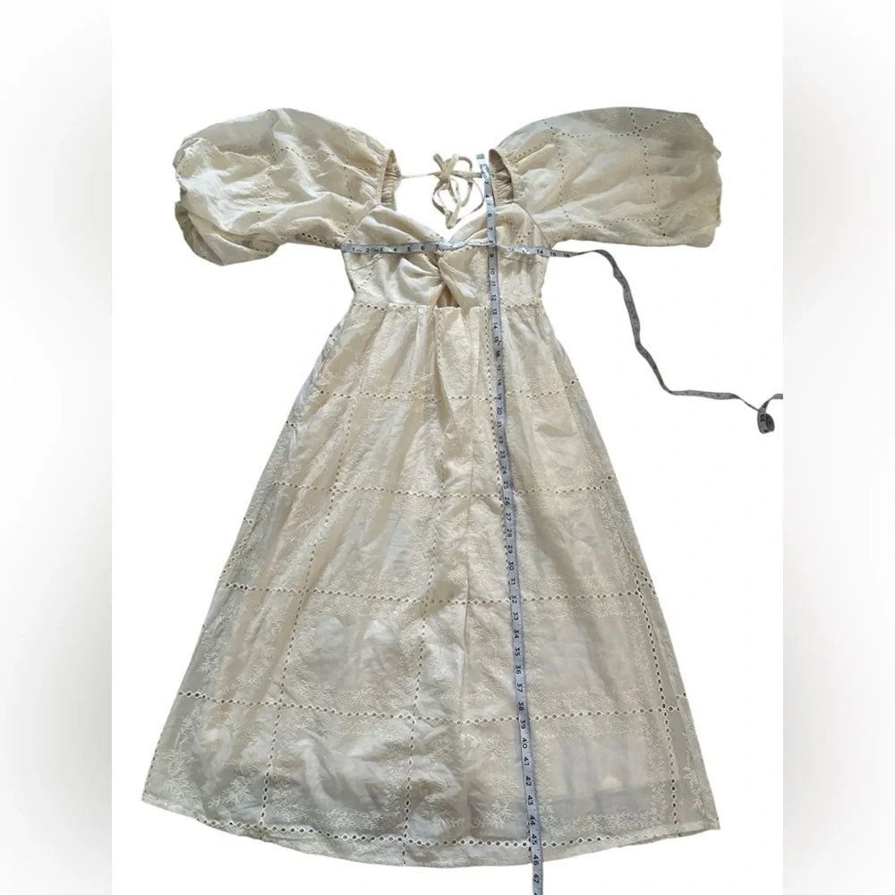 Listicle Cream Twist-Front Cutout Puff Sleeve Eyelet Midi Dress Size Medium